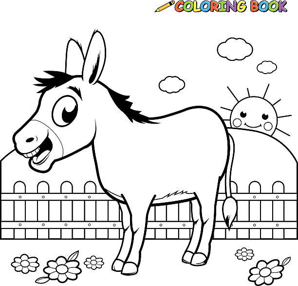 Coloring book Donkey Vector Illustration of a black and white outline image of a cartoon donkey at the farm. Coloring book page. donkeys and mules drawings stock illustrations