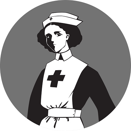 Black and white vector clip art portrait of a female nurse from World War One period