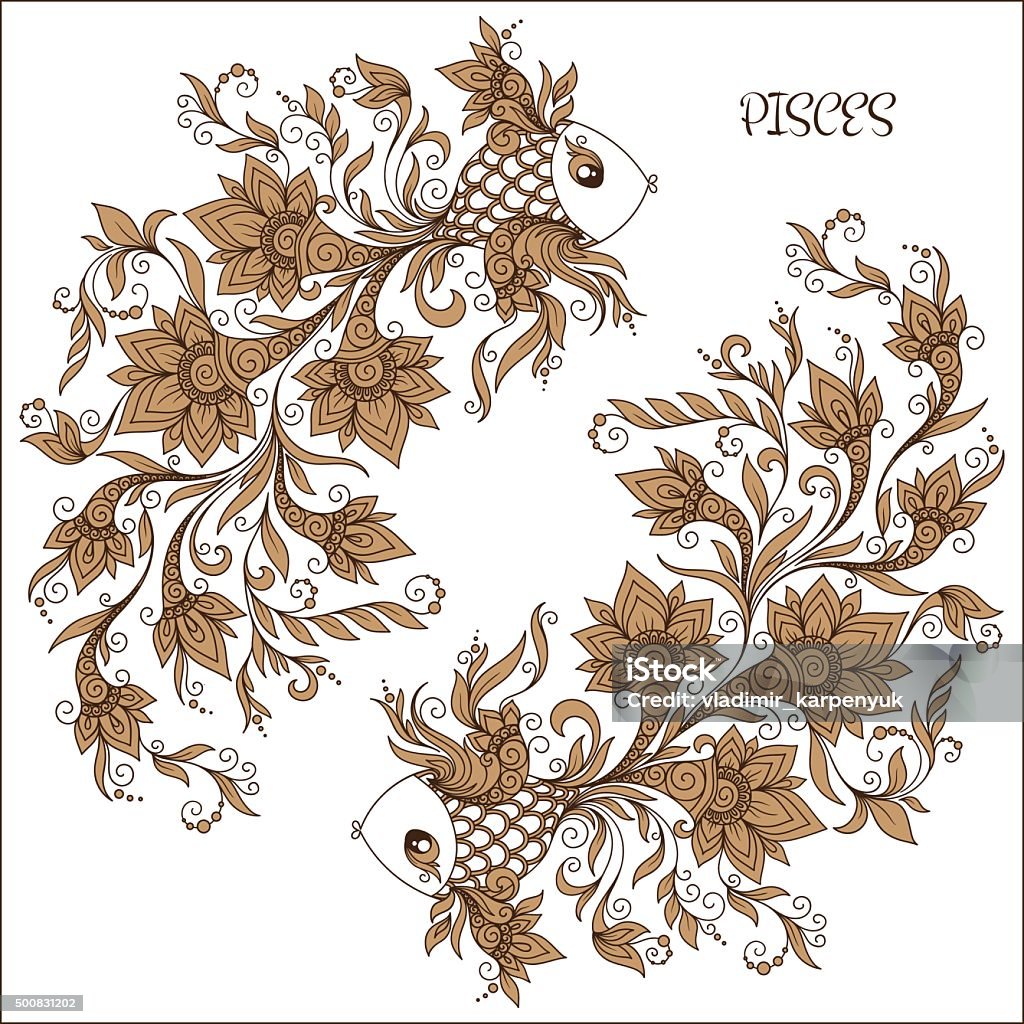 Hand drawn pattern for coloring book zodiac Pisces. Pattern for coloring book. Hand drawn line flowers art of zodiac Pisces. Horoscope symbol for your use. For tattoo art, coloring books set. Henna Mehndi Tattoo Ethnic 2015 stock vector