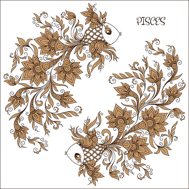 Hand drawn pattern for coloring book zodiac Pisces. Pattern for coloring book. Hand drawn line flowers art of zodiac Pisces. Horoscope symbol for your use. For tattoo art, coloring books set. Henna Mehndi Tattoo Ethnic pisces fish tattoo designs drawing stock illustrations