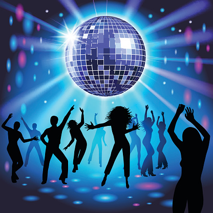 Silhouettes of a party crowd on a glowing lights background. Vector illustration