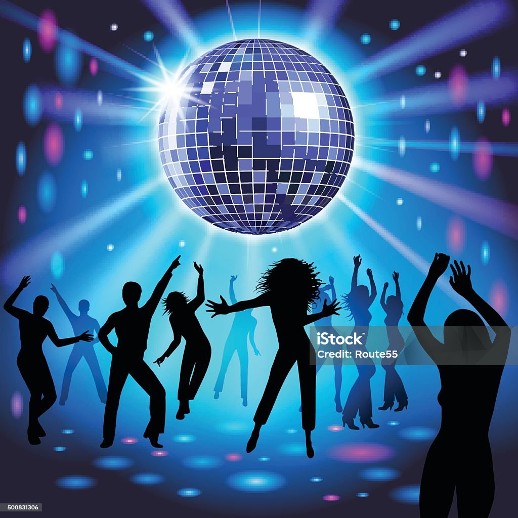 Disco party Silhouettes of a party crowd on a glowing lights background. Vector illustration Disco Dancing stock vector