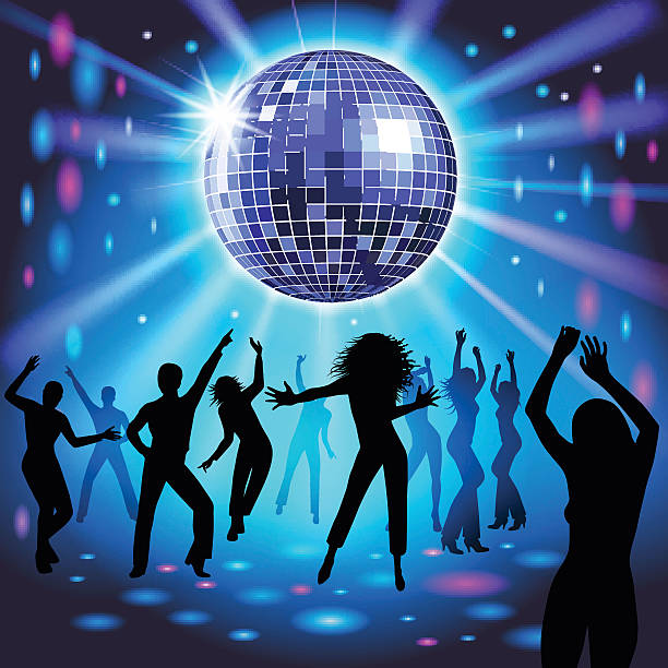 Disco party Silhouettes of a party crowd on a glowing lights background. Vector illustration clubbing stock illustrations