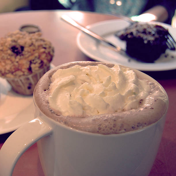 Coffee mocha with cream and blueberry muffin. Breakfast photo with retro filter.