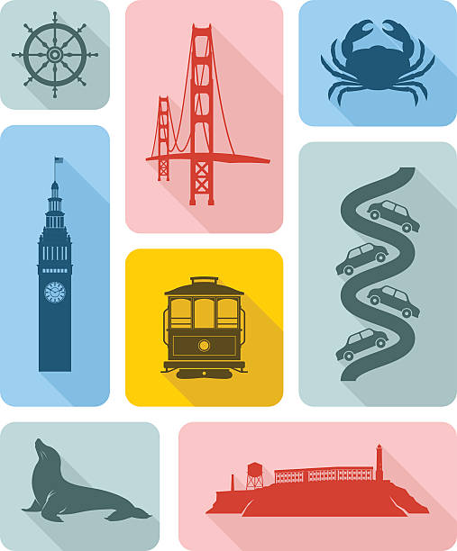 ilustrações, clipart, desenhos animados e ícones de ícones de san francisco - golden gate bridge bridge san francisco county vector