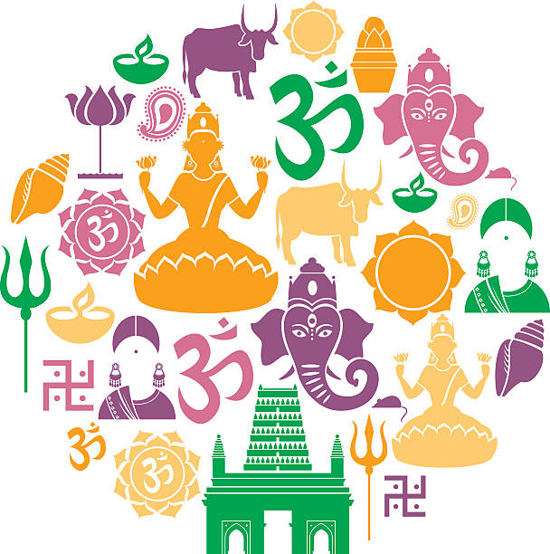 ilustraciones, imágenes clip art, dibujos animados e iconos de stock de hinduismo grupo de iconos - ganesha om symbol indian culture hinduism