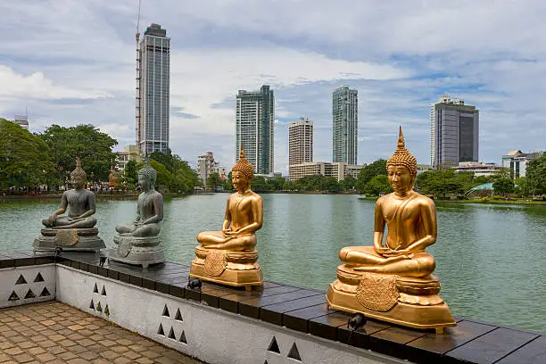 Colombo city center with the Budha statues of Seema temple in the foreground