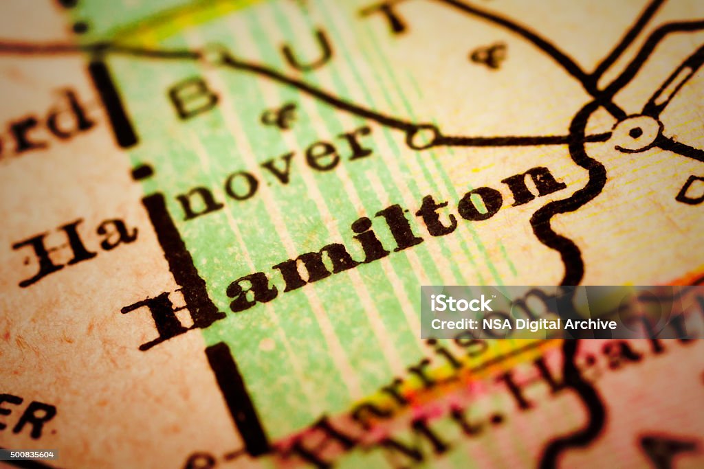 Hamilton, Ohio on an Antique map Hamilton, Ohio on 1880's map. Selective focus and Canon EOS 5D Mark II with MP-E 65mm macro lens. 2015 Stock Photo