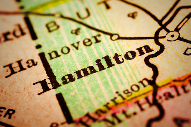 Hamilton, Ohio on an Antique map Hamilton, Ohio on 1880's map. Selective focus and Canon EOS 5D Mark II with MP-E 65mm macro lens. hamilton ohio photos stock pictures, royalty-free photos & images