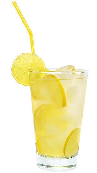 Lemonade with lime and ice cubes on white background.