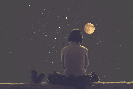 Girl watching the Moon and stars. Stars and Moon are my astronomy work.