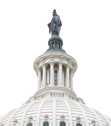 Close-up of Capitol Building Dome with Statue of Freedom, Washington DC. The Dome is isolated on pure white background.