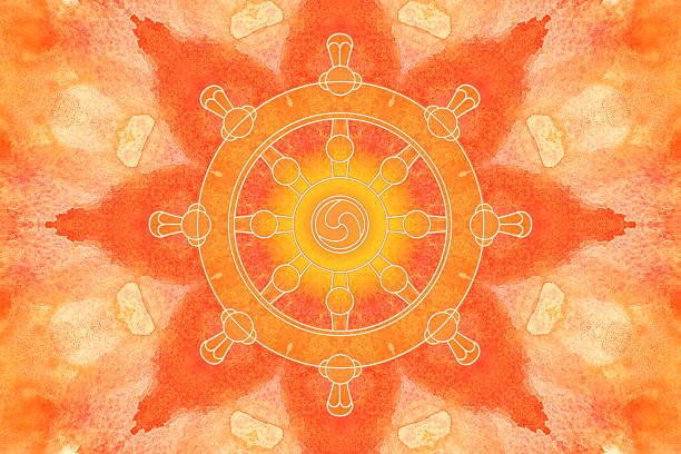 Dharma wheel symbol on a painted kaleidoscope Golden Dharma Wheel symbol on a watercolor painted kaleidoscopic background, with red, orange and yellow hues. The Dharma Wheel, also called Dharmachakra, is one of the most important symbols in Indian Religions, such as Buddhism, Hinduism and Jainism. dharmachakra stock illustrations