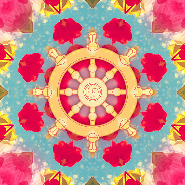 Dharma wheel symbol on red flower mandala Golden Dharma Wheel symbol on a kaleidoscopic image of red and yellow flowers, arranged like a mandala on a blue background. The Dharma Wheel, also called Dharmachakra, is one of the most important symbols in Indian Religions, such as Buddhism, Hinduism and Jainism. dharma chakra stock illustrations