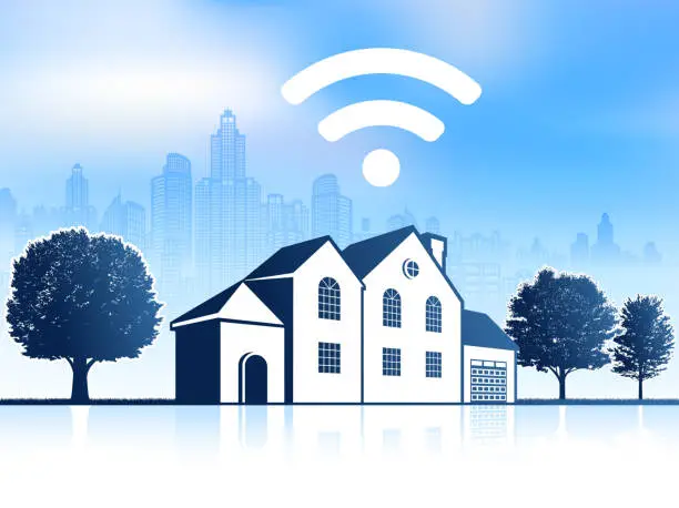 Vector illustration of Wi-Fi House on panoramic city skyline Background