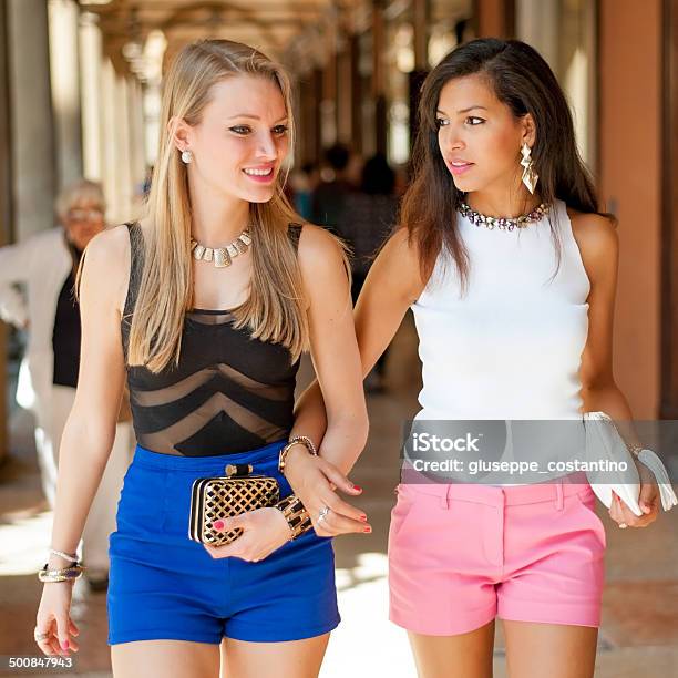 Two Happy Fashion Girls Shopping In European City Center Stock Photo - Download Image Now