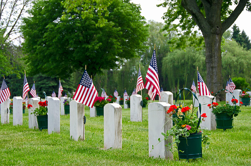 American flags on veterans tombstones in a Michigan cemetery.