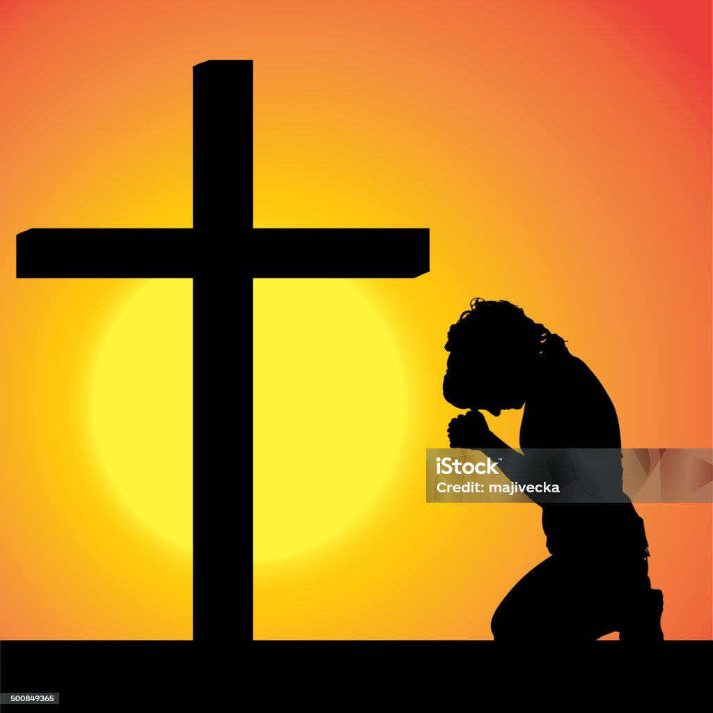 Vector silhouettes of woman. Vector silhouettes of woman at the Cross at sunset. Praising - Religion stock vector