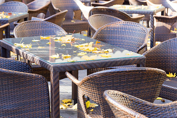 istock Empty autumn coffee terrace with tables and chairs. Soft Focus 500850265