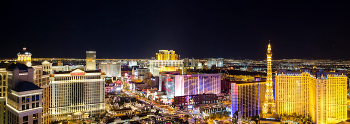 USA. Las Vegas. 09.17.2022. Beautiful view of casino hotels Treasure Island and Venetian on sunny summer day.