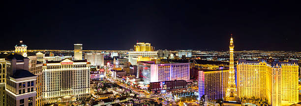 Aerial View of the Las Vegas Strip at Night High angle view of the Las Vegas strip at night. bellagio stock pictures, royalty-free photos & images