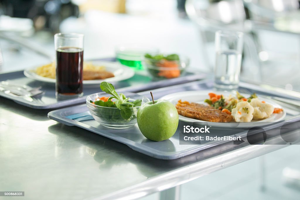 canteen Canteen Lunch with schnitzel and noodles on a tray. Cafeteria Stock Photo