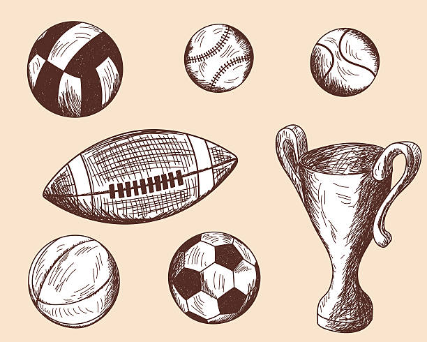 набор различных эскиз мячей - old fashioned retro revival sport american football stock illustrations