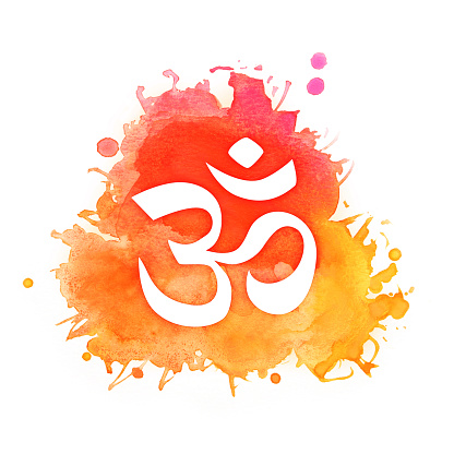 Om symbol, one of the most important religious symbols in Buddhism, Induism and Jainism, designed in white color on a splash of watercolor painted background, with red, yellow and orange splattered hues and white background. Religion, spirituality and meditation through signs and icons: Om is not only a symbol, but also a mantra.