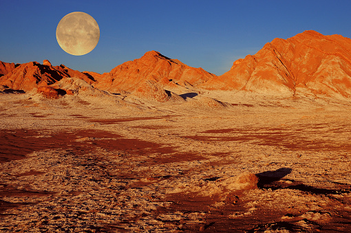 Moon valley in Atacama desert at sunset time, Chile.