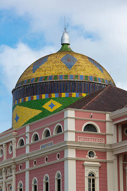Details of the Amazon Theatre (Portuguese: Teatro Amazonas) with blue cloudy sky, opera house located in Manaus, Amazonas Brazil 2015