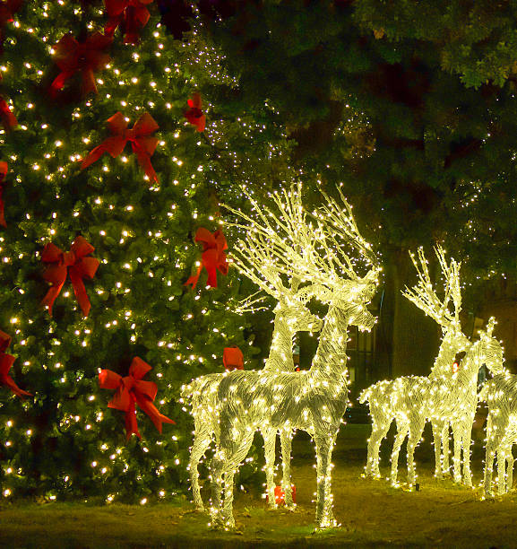istock Deer Ornament Lights Next to Christmas Tree 500870766