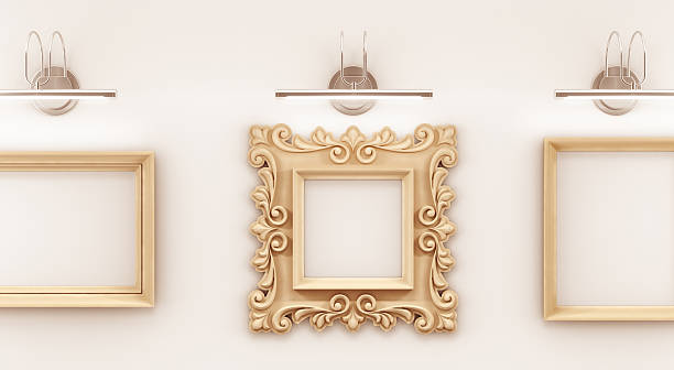 Gallery Exhibition Old-fashioned empty picture frame in between of two classic frames which are placed on interior wall background. 3D rendered graphics. radiation photos stock pictures, royalty-free photos & images