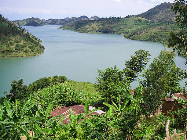 Tropical Farmstead overlooking Bay of Lake Kivu Kibuye Rwanda Tropical Farmstead overlooking Bay of Lake Kivu Kibuye Rwanda lake kivu stock pictures, royalty-free photos & images