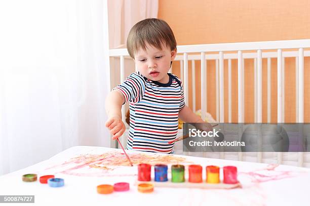 Lovely Baby Painting At Home Stock Photo - Download Image Now - 12-23 Months, 18-23 Months, Animal