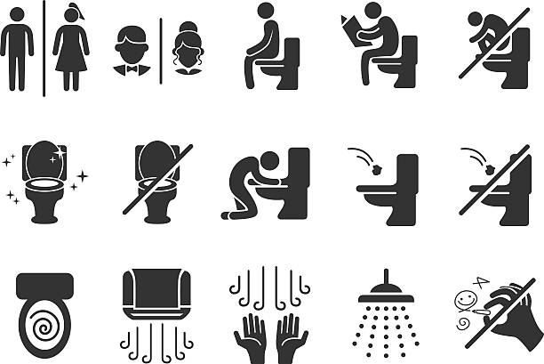 Toilet vector icons Restroom bathroom Amenities and Signs black & white set - Illustration pics of a funny flush the toilet signs stock illustrations
