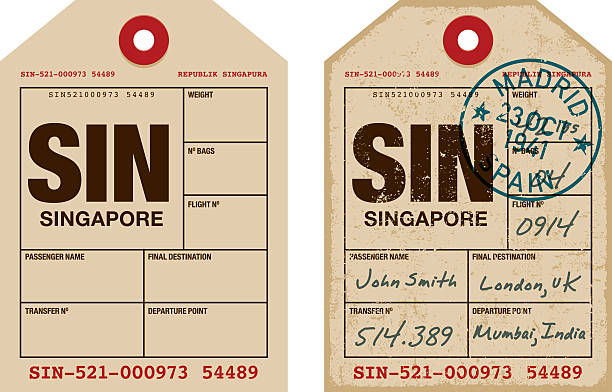 Old Fashioned Airport Luggage Tag Icon A set of two simple vintage luggage tag icons, one is plain and the other has a grunge effect to make it appear more aged and worn. Isolated on white. Download includes an AI10 EPS file as well as a high resolution RGB JPEG. The grunge tag doesn't contain any transparencies however the text and stamps on top are a Multiply opacity. They're on their own layer so they're easy to remove if you're concerned about transparencies printing properly. old luggage tag stock illustrations