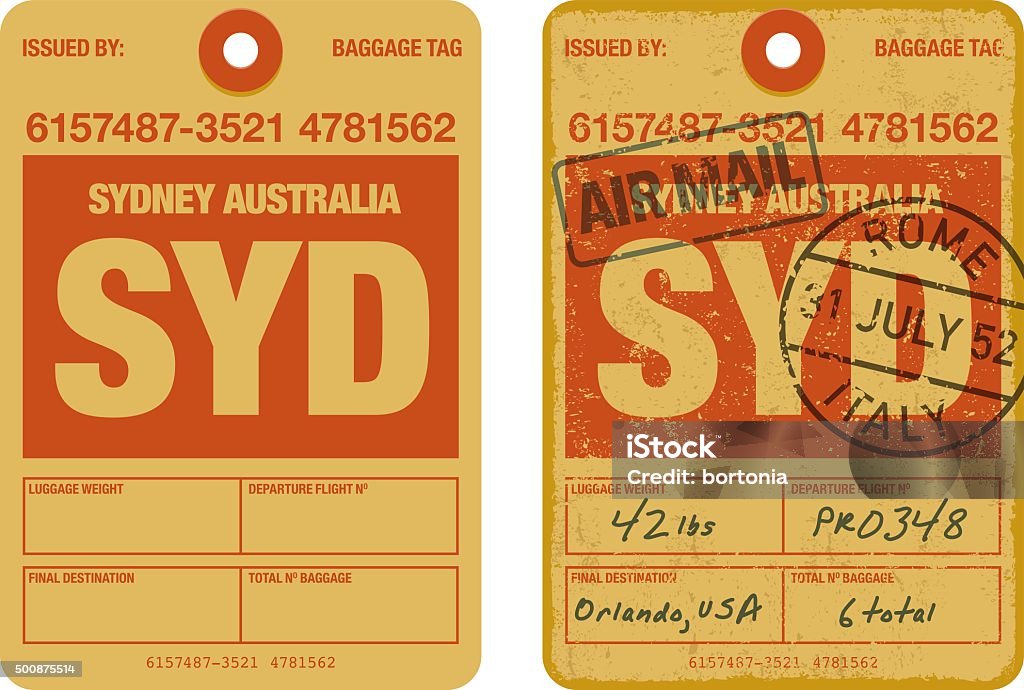 Old Fashioned Airport Luggage Tag Icon A set of two simple vintage luggage tag icons, one is plain and the other has a grunge effect to make it appear more aged and worn. Isolated on white. Download includes an AI10 EPS file as well as a high resolution RGB JPEG. The grunge tag doesn't contain any transparencies however the text and stamps on top are a Multiply opacity. They're on their own layer so they're easy to remove if you're concerned about transparencies printing properly. Rubber Stamp stock vector