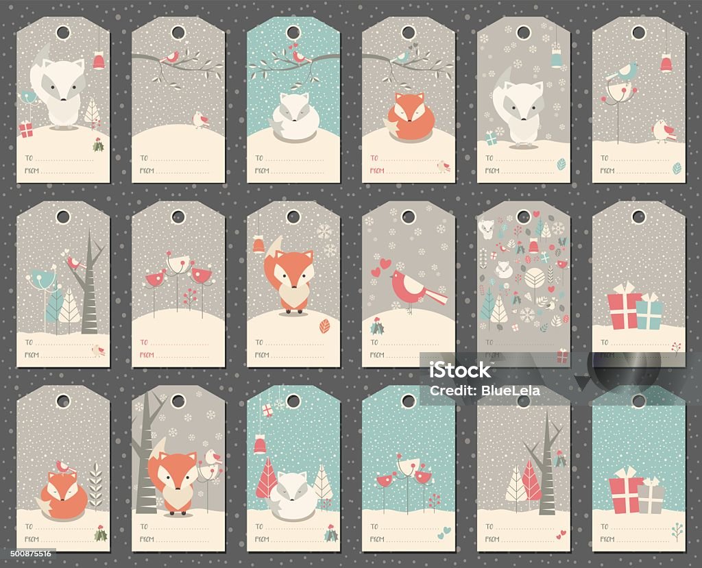 Collection of 18 Christmas gift tags with foxes Collection of 18 Christmas and New Year gift tags with foxes, birds and trees, vector illustration Christmas stock vector