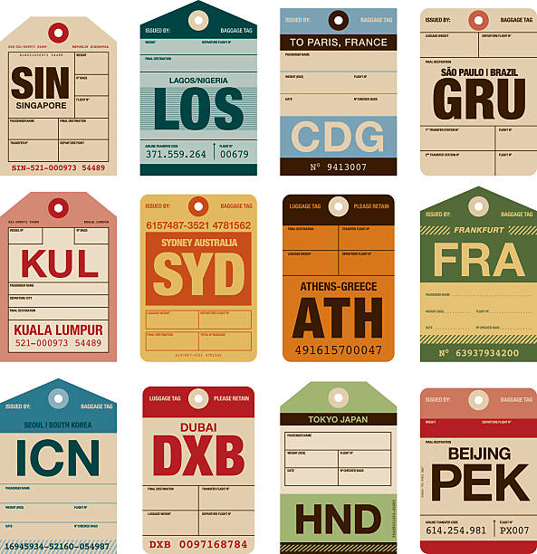 Old Fashioned Airport Luggage Tags Icon Set A set of various simple luggage tag icons from a wide variety of airports. Isolated on white. Download includes an AI10 EPS file as well as a high resolution RGB JPEG. luggage tag stock illustrations