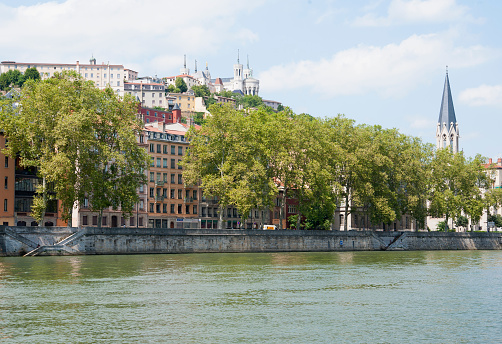 Lyon, France - August 3, 2013: View of the quay and Notre Dame Lyon.