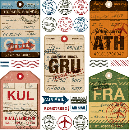 A set of various simple luggage tag icons from a wide variety of airports. Isolated on white. Download includes an AI10 EPS file as well as a high resolution RGB JPEG. The grunge tags don't contain any transparencies however the text and stamps have a Multiply opacity so you can see the grunge texture of the tag underneath. 