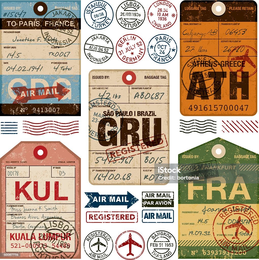 Old Fashioned Airport Luggage Tags Icon Set A set of various simple luggage tag icons from a wide variety of airports. Isolated on white. Download includes an AI10 EPS file as well as a high resolution RGB JPEG. The grunge tags don't contain any transparencies however the text and stamps have a Multiply opacity so you can see the grunge texture of the tag underneath.  Travel stock vector