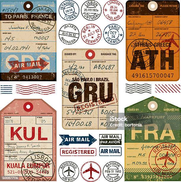 Old Fashioned Airport Luggage Tags Icon Set Stock Illustration - Download Image Now - Travel, Ticket, Retro Style