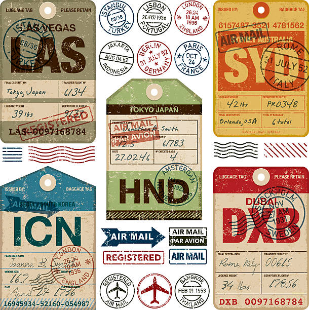 Old Fashioned Airport Luggage Tags Icon Set A set of various simple luggage tag icons from a wide variety of airports. Isolated on white. Download includes an AI10 EPS file as well as a high resolution RGB JPEG. The grunge tags don't contain any transparencies however the text and stamps have a Multiply opacity so you can see the grunge texture of the tag underneath. old luggage tag stock illustrations