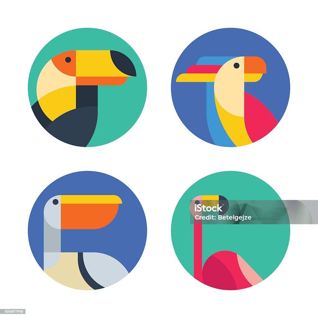 Set of vector badges, labels with exotic tropical birds. Set of vector badges, labels with exotic tropical birds. Flat colorful illustration of toucan, cockatoo parrot, flamingo and pelican. Trendy circle icons, emblems and design elements. Badge stock vector