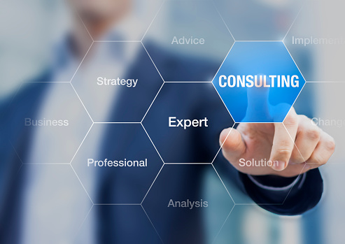 Businessman presenting concept about consulting, expert advices and solutions for companies