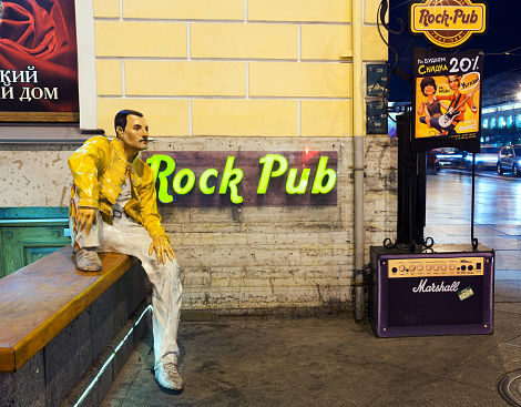 St. Petersburg, Russia - October 13, 2015: Freddie Mercury statue near Rock Pub on Nevsky prospect. Freddie Mercury was a British singer, best known as the lead vocalist and songwriter of the rock band Queen.
