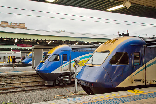 Sydney,Australia - November 14, 2015: 3 XPT trains await their departure from Central Station. The XPT is based on Britain's HST / Intercity 125 and features a power car at each end.