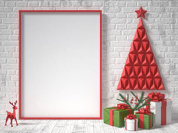Mock up blank picture frame, Christmas decoration Mock up blank picture frame, Christmas decoration and gifts. 3D render illustration hoofed mammal photos stock pictures, royalty-free photos & images
