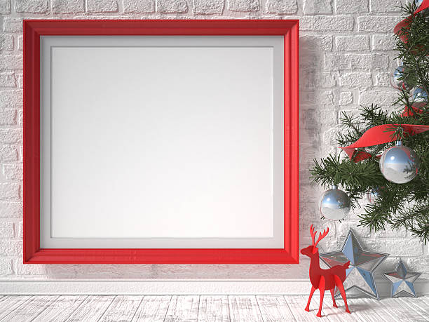 istock Mock up poster with red reindeer, Christmas tree and stars 500881108